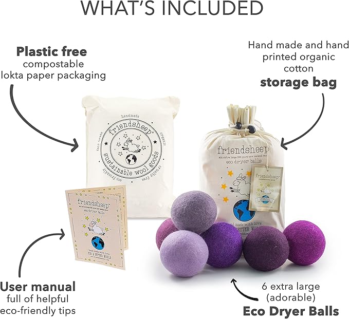 Friendsheep Wool Dryer Balls, Organic Reusable Fabric Softener Alternative for Laundry, Handmade, Fair Trade, Hypoallergenic, Eco-Friendly, Plastic-Free (6 Pack XL - Purple Haze)