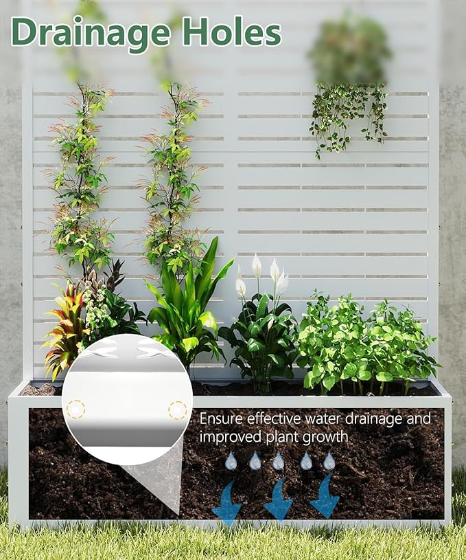Metal Planter Box with Trellis,70.9"x47.2"x15.7" Raised Garden Bed with Drainage Holes, Privacy Planters for Outdoor Garden Bed for Climbing Plants,Vegetables,and Vines, White-louvered