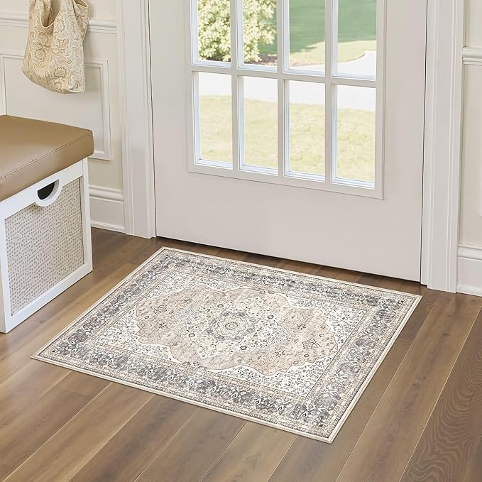 2x3 Washable Entryway Rug: Non-Slip Soft Indoor Throw Small Vintage Floral Area Rug for Kitchen Bedroom, Low Pile Durable Carpet for Front Door Porch Floor Doormat Home Decor (Camel/Beige)