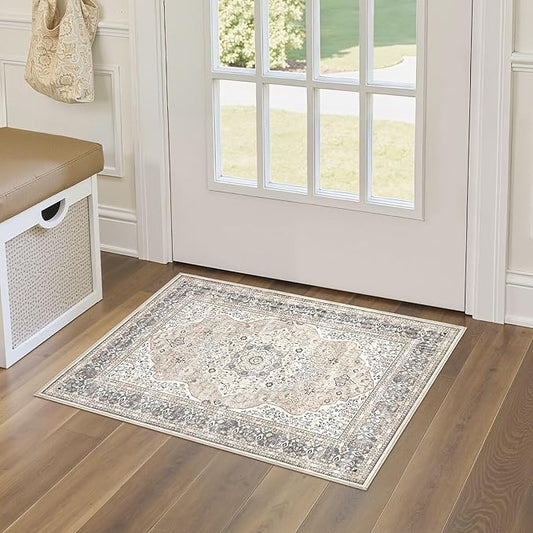 2x3 Washable Entryway Rug: Non-Slip Soft Indoor Throw Small Vintage Floral Area Rug for Kitchen Bedroom, Low Pile Durable Carpet for Front Door Porch Floor Doormat Home Decor (Camel/Beige)