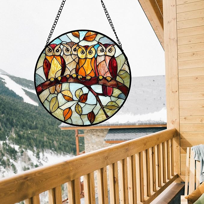 Stained Glass Window Hanging, 4 Owls on a Branch Sun Catcher for Door Home Decor White Brown Bird Suncatcher Christmas Mother's Day Birthday Gifts for Women Men Mom and Nana 7.8 in