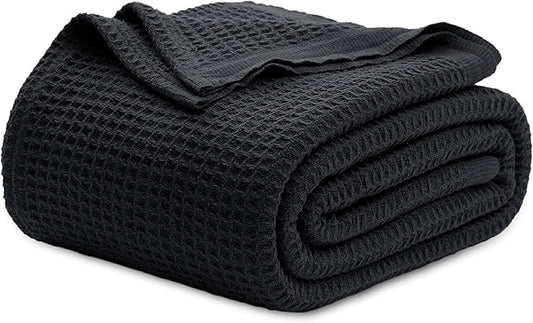 Bedsure Gentlesoft 100% Cotton Blanket Queen Size for Bed - Breathable and Soft, Thick Cozy Waffle Weave Christmas Blanket Gift for Women, Black, 90x90 Inches