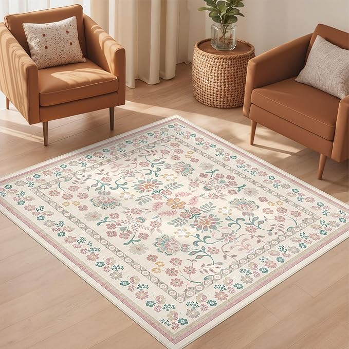 Square Area Rugs : Washable 5x5 Floral Carpet for Living Room Bedroom - Soft Floor Mat with Non Slip Backing for Kitchen Nursery Dorms Farmhouse Home Decor - Pink