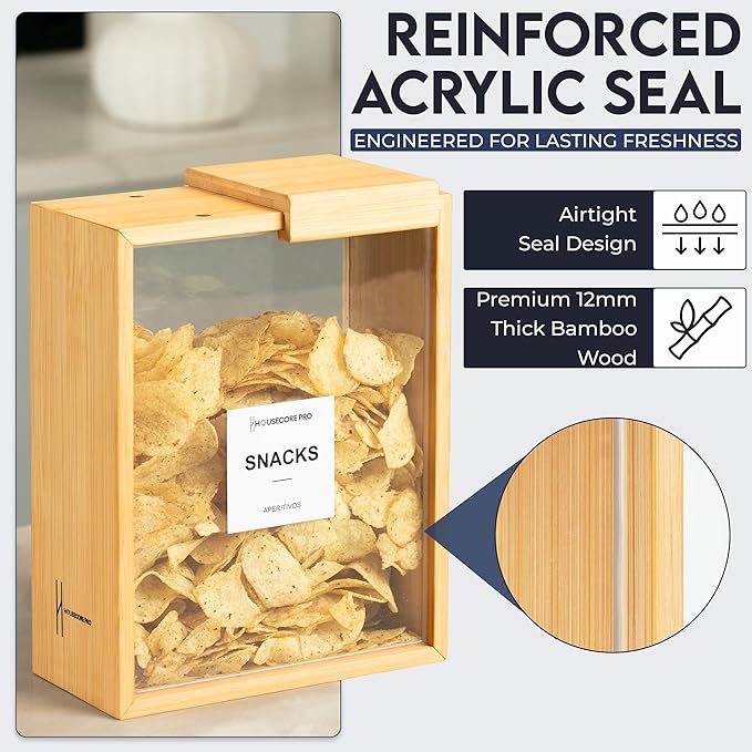 HouseCorePro 2 Pack Bamboo Food Storage Containers – Large 2.75L Food Dispenser with Measuring Spoon, 18 Labels, 6 Freshness Stickers, Wood Pantry Organizers and Storage for Dry Goods, 9.50x7.25x4in.