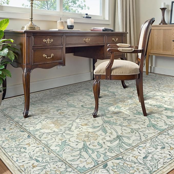 Collive 8x10 Area Rugs for Living Room, Washable Neutral Hand-Painted Floral Bedroom Rug, Vintage Distressed Non Slip Low Pile Large Carpet, Soft Retro Dining Room Office Rug, Ivory/Light Turquoise