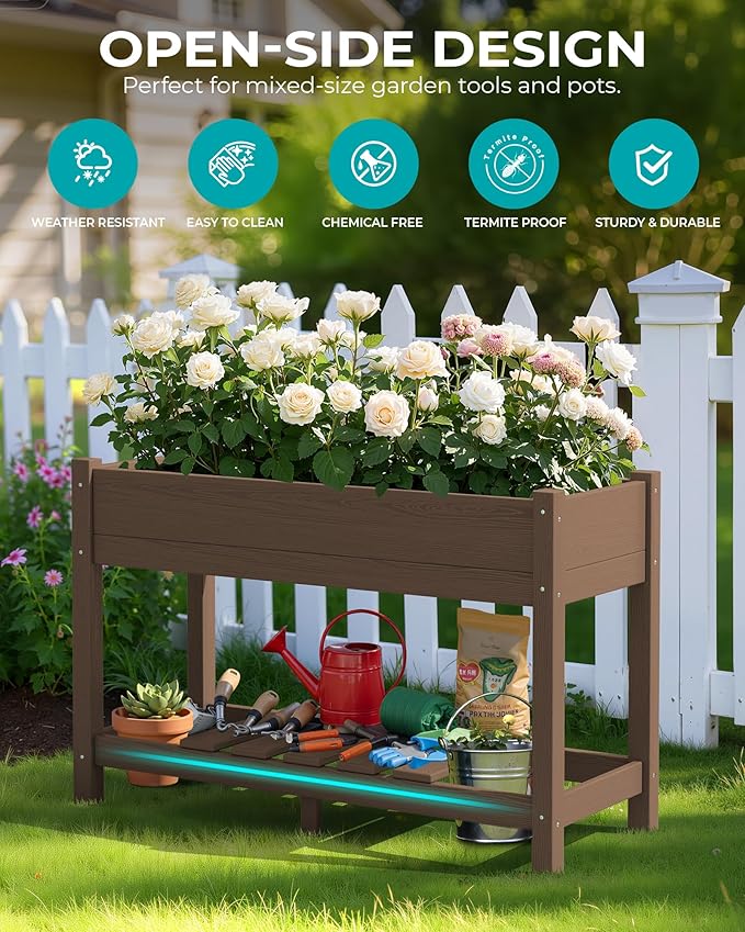 SERWALL Raised Garden Bed Set of 2, HDPE Raised Bed for Gardening All Weather Use- Brown