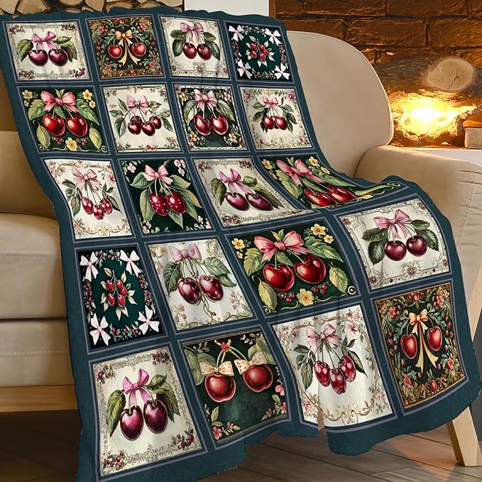Cherry Blanket, Cherries Bow Throw Blanket, Preppy Gifts Blankets Stuff Fleece Flannel Plush for Girls Women Men Boys Lovers Adults Soft Bedding Gift for Sofa Bed Office Home Decor 80"x60"