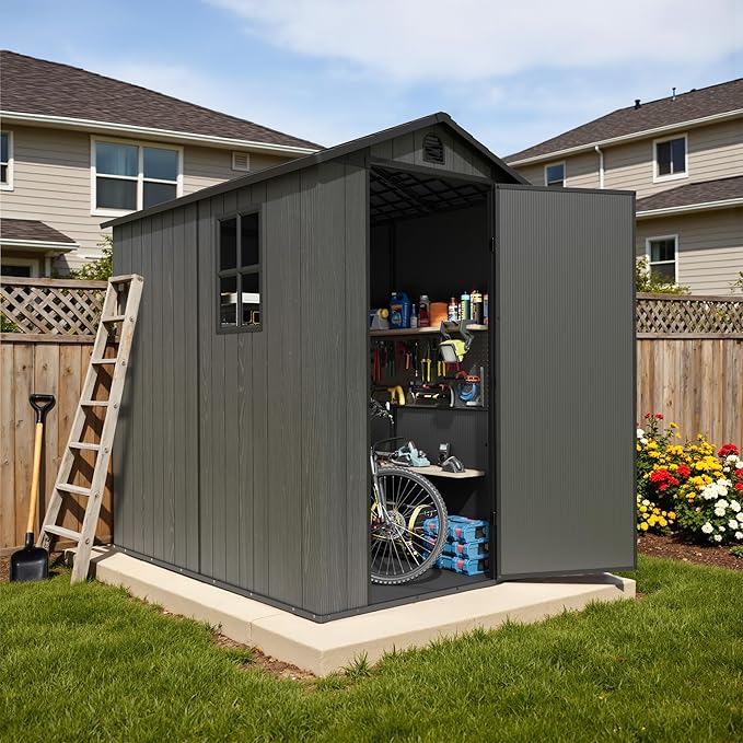 Devoko 4x6 FT Outdoor Storage Plastic Shed, Waterproof Resin Garden Shed with Lockable Door, Floor & Window, All-Weather Tool Shed for Backyard, Patio, Lawn, Poolside, Dark Gray