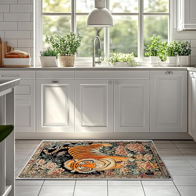 2x3 Tiger Rugs Boho Floral Flower Tiger Rug for Bathroom Kitchen Entryway Indoor Soft Non-Slip Thin Hippie Carpet Small Doormat for Office Dining Room Under Table Washable Machine