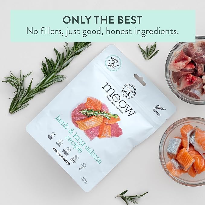 The New Zealand Natural Pet Food Co Meow Freeze Dried Cat Food - Lamb & King Salmon Recipe,High Protein Treats,Meals & Toppers,Dry Food,1.76oz