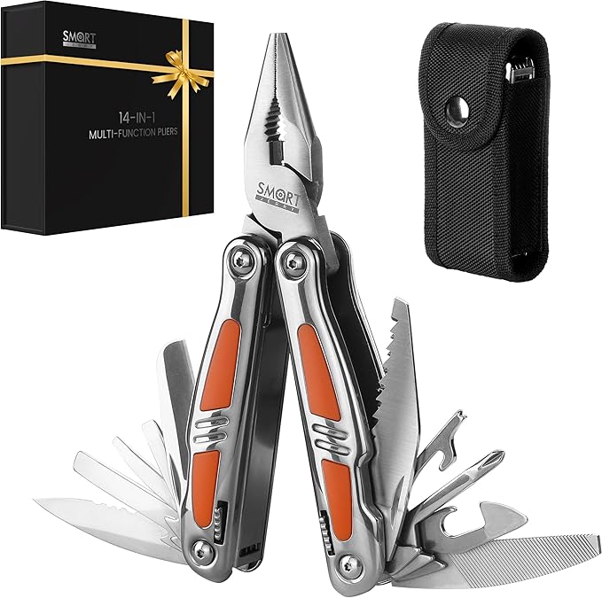 SMART JERRY 14-in-1 Multitool Pliers with Gift Box & Sheath | Premium Self-Locking Foldable Multi Tool for DIY, Camping, EDC | Stainless Steel Pocket Knife | Ideal Gifts for Men, Dad, Husband