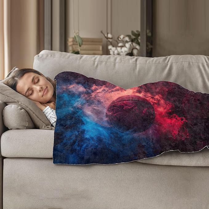 Fiery Basketball Throw Blanket 50"x60", Sports-Themed Blankets for Game Room Bedroom Decor, Soft Flannel Polyester Warm Cozy Gifts for Kids Adults