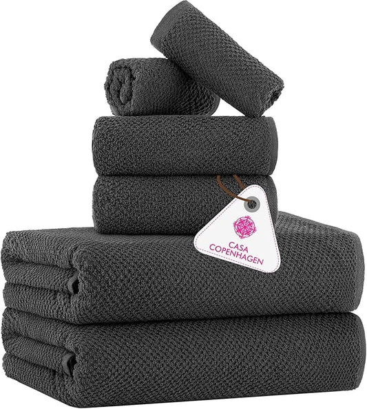 CASA COPENHAGEN Popcorn Textured 6 Pieces Towel Set- Pine Grey, 550 GSM 2 Bath Towel 2 Hand Towel 2 Washcloth, Rough & Tough Use Cotton Towels Gift Set for Bathroom