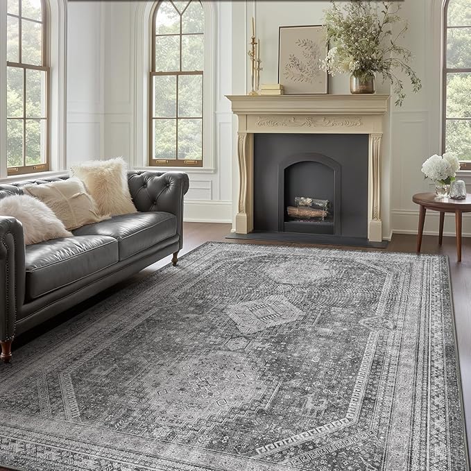 GENIMO 6x9 Area Rugs for Living Room, Machine Washable Non Slip Rugs, Low Pile Lightweight Print Rug for Bedroom, Dining Room, Home Office, Vintage Grey