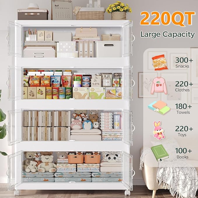220Gal Stackable Storage Bins with Lid, 880Qt Extra Large Collapsible Storage Box with Doors and Wheels, Plastic Closet Organizer and Storage Cabinet Drawer for Home Kitchen, 4Pack White