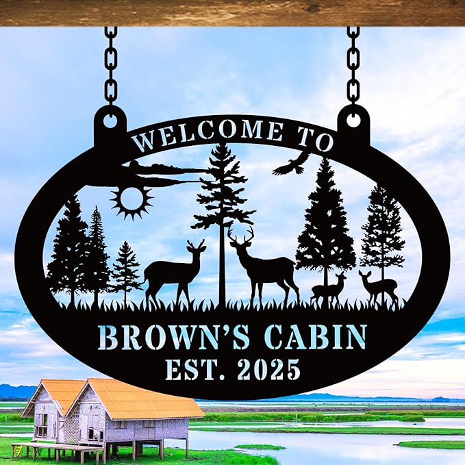 Custom Metal Lake House Cabin Sign，Personalized Oval Deer Metal Cabin Decor ，Custom Family Name Sign, Camping Signs，Outdoor Decor，Happy Campers Gift - Rustic Lake House Decor