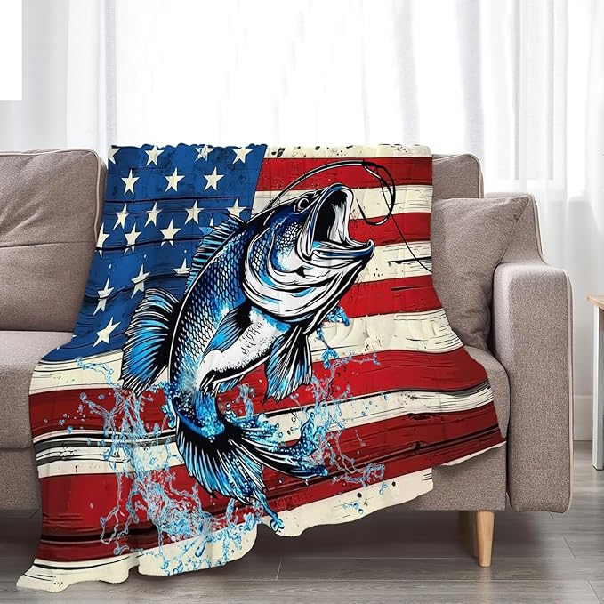 Bass Fish Blanket American Flag Fishing Throw Blankets Gifts for Girls Boys Kids Fishing Lover Soft Cozy Fleece Plush for Couch Sofa Bed 50"x40"