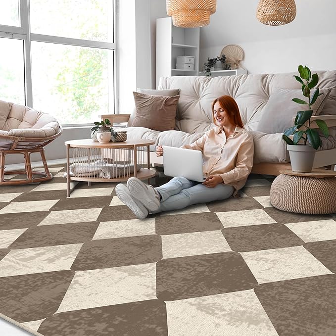 Washable Checkered Brown Neutral Diamond Geometry Area Rugs 5x7 Modern Soft Large Carpet for Living Room Entryway Bedroom Farmhouse Non-Slip