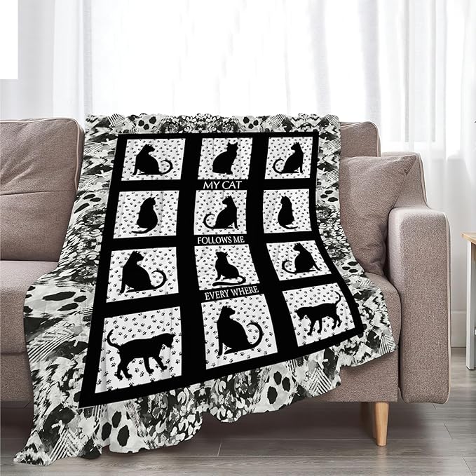 Black Cat Blanket Cat Paw Decor Throw Blanket Super Warm Soft Plush Lightweight Fleece Flannel Black and White Blanket Gifts for Girls Baby Kids Women Boys for Winter Couch Bedding 50"X60"