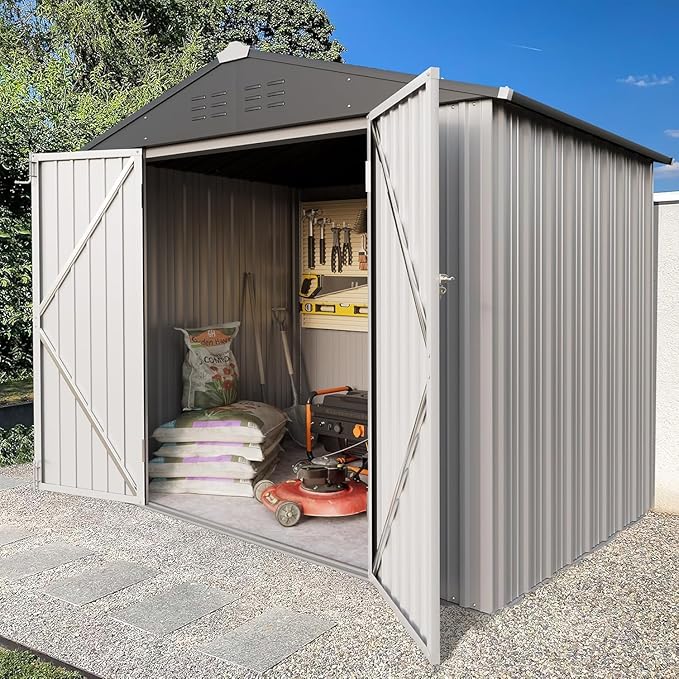 Greesum 6x4FT Outdoor Storage Shed, Utility Tool Shed Metal Storage Garden Shed with Door & Lock for Patio Storage, White
