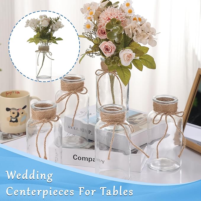12PCS Transparent Glass Flower Vases for Centerpieces Boho Cylinder Bud Vases in Bulk Mason Jars for Weddings, Parties & Vintage Home Decor(Transparent 12)