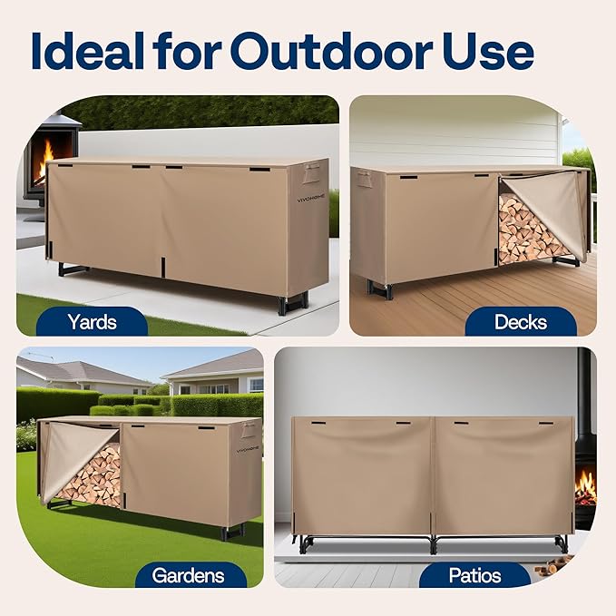 VIVOHOME 8 ft Heavy Duty Firewood Rack Outdoor with Cover, Fire Wood Storage Rack, Log Holder and Cover Combo Set with Zipper, Brown