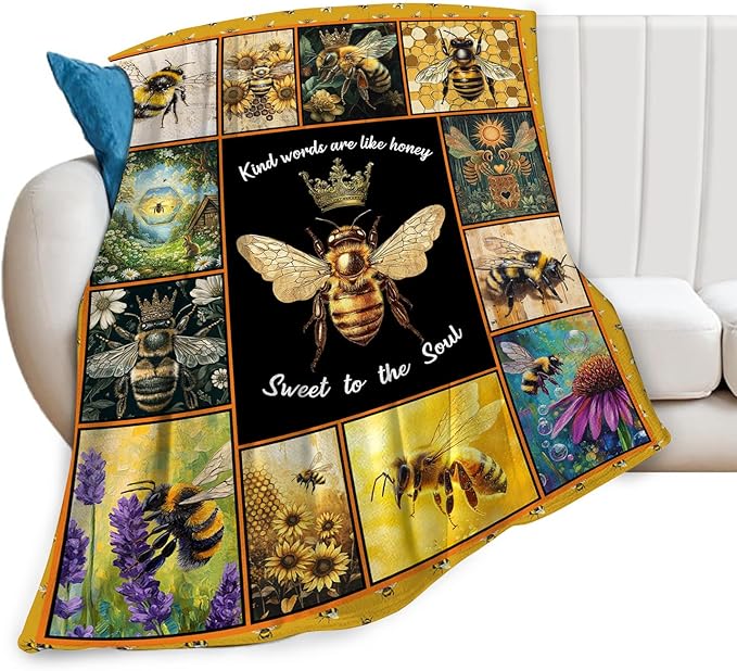 Bee Blanket Ultra Soft Cozy Bee Queen Throw Blanket Fleece Fuzzy Plush Bee Honey Blanket Decor Gifts for Women Girls Adults Couch Sofa 80"x60"