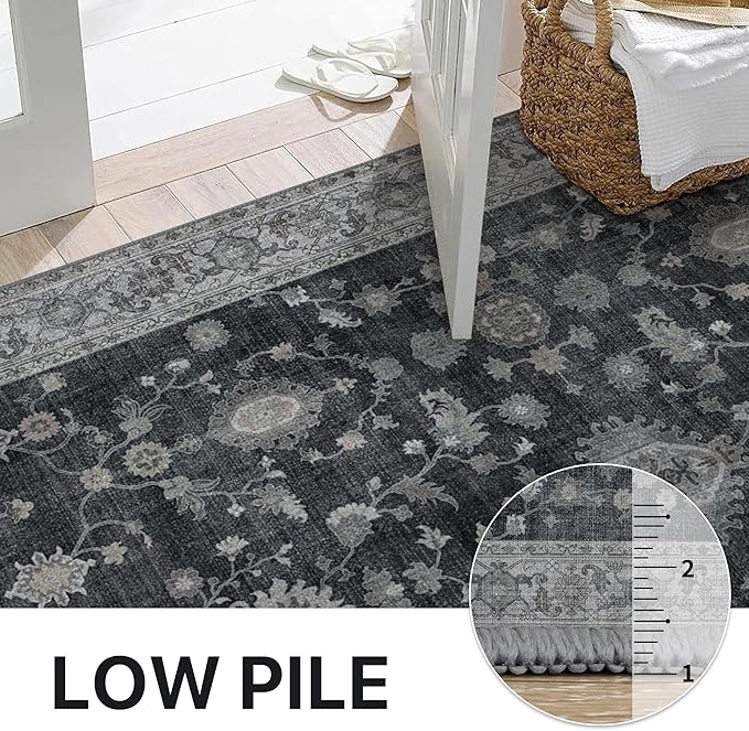 GENIMO Machine Washable 6x9 Area Rugs for Living Room, Non Slip Vintage Rugs, Low Pile Lightweight Chenille Print Rug for Bedroom, Dining Room, Home Office, Charcoal