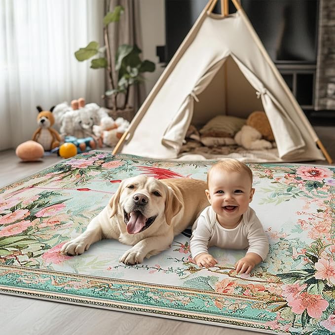 8x10 Flamingo Area Rugs Boho Floral Tropical Botanical Rug for Living Room Indoor Soft Non-Slip Thin Large Carpet Flower Rugs for Bedroom Home Decor Under Table Washable Machine