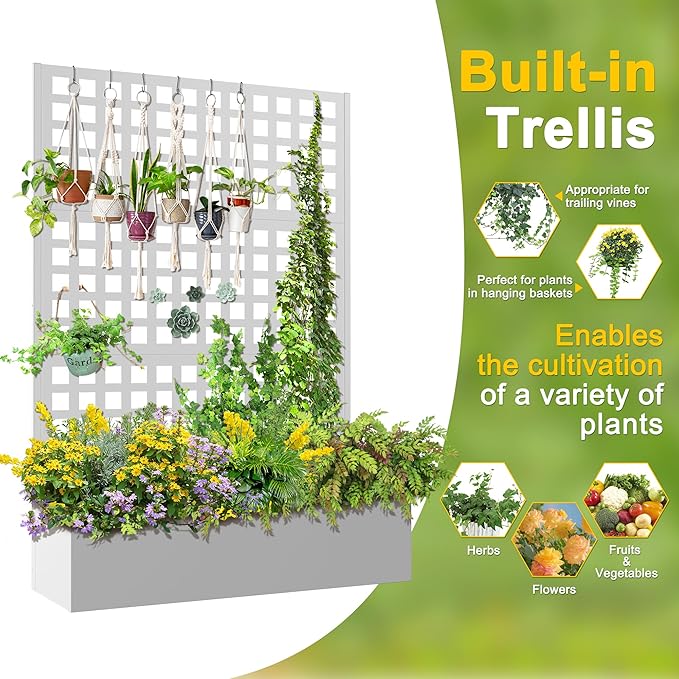 FENCY Metal Raised Garden Bed with Trellis, Metal Planter Box with Trellis, Garden Box for Climbing Plants Vegetable, 47''Lx16''Wx71''H Garden Bed with Drainage Holes(White)