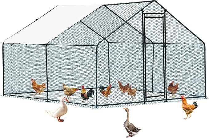 VINGLI Chicken Coop, Large Metal Poultry Cage for Chicken Run, Walk-in Chicken Pen with Waterproof & Anti-UV Cover Outdoor (Black-Spire Roof, 9.8 * 9.8 * 6.5 ft)