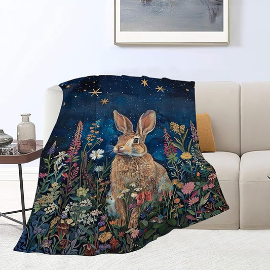 Bunny Throw Blanket Cute Rabbit Floral Decor Blanket Super Cozy Plush Lightweight Soft Plush Flannel Fleece Jungle Animal Forest Blanket Gifts for Girls Boys Kids Women Men for Sofa Bed Couch 50"X60"