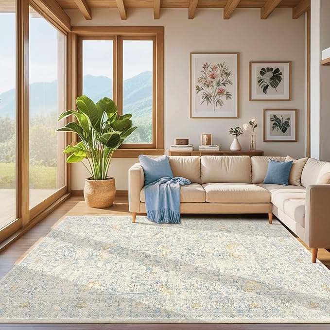 6x9 Area Rug Living Room Rugs - Washable Boho Vintage Floral Large Soft Non Slip Thin Rug Low Pile Carpet for Bedroom Dining Room Kids Playroom Office Decor Indoor- Light Blue