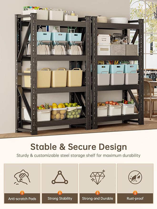 4-Tier Storage Shelves,79" H Heavy-Duty Garage Shelving Unit,Adjustable Industrial Metal Shelf System,3,200lbs Capacity,Tool Organizer for Garage,Workshop,32" W*20" D*79" H,Black