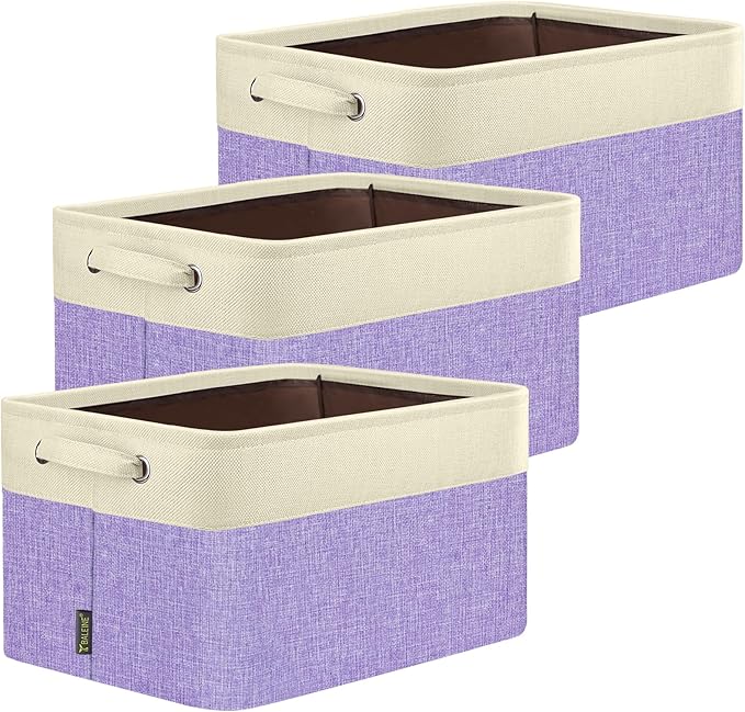 BALEINE 3 Pack Fabric Storage Bins for Shelves, Linen Storage Baskets for Organizing, Decorative Closet Bins for Clothes, Home (Lavender, 14''x10''x8.5'')