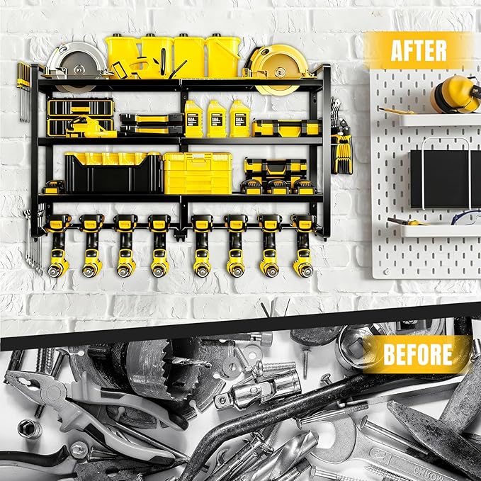 Heavy Duty 4-Tier Wall Mount Tool Rack, 8-Drill Holder & Charging Station, 400lb Load Shelf for Garage Workshop Organization