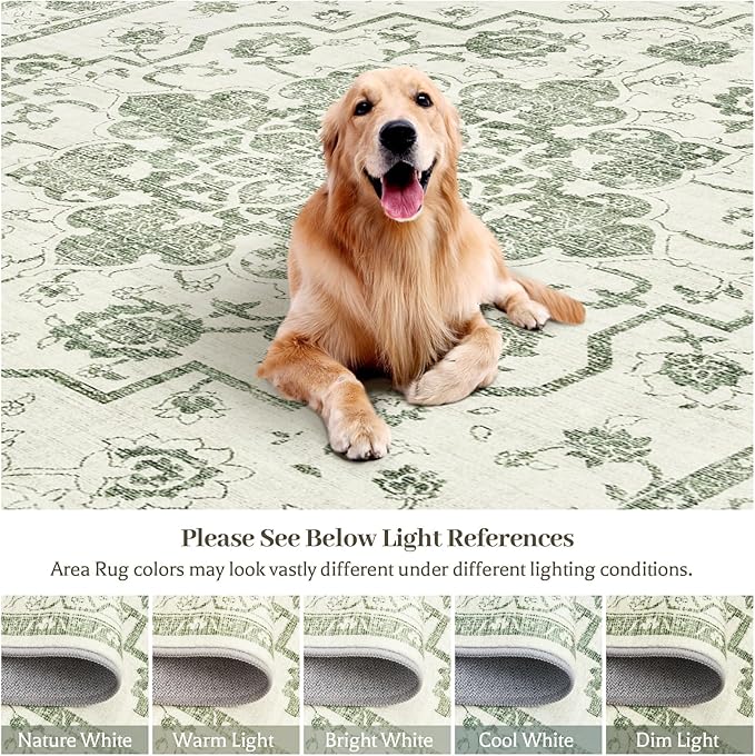 Madane 8x10 Area Rugs for Living Room, Machine Washable Vintage Beige Rug with Non-Slip Backing, Soft Throw Large Rug, Thin Carpet for Bedroom Dining Room Farmhouse Under Table, Green/Ivory