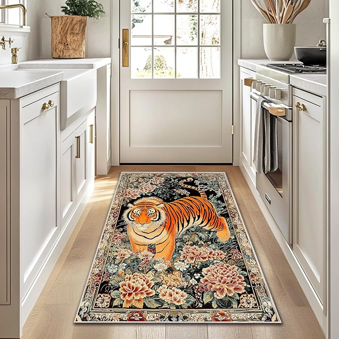 3x5 Tiger Rugs Boho Floral Flower Tiger Rug for Bathroom Kitchen Entryway Indoor Soft Non-Slip Thin Hippie Carpet Small Doormat for Office Dining Room Under Table Washable Machine