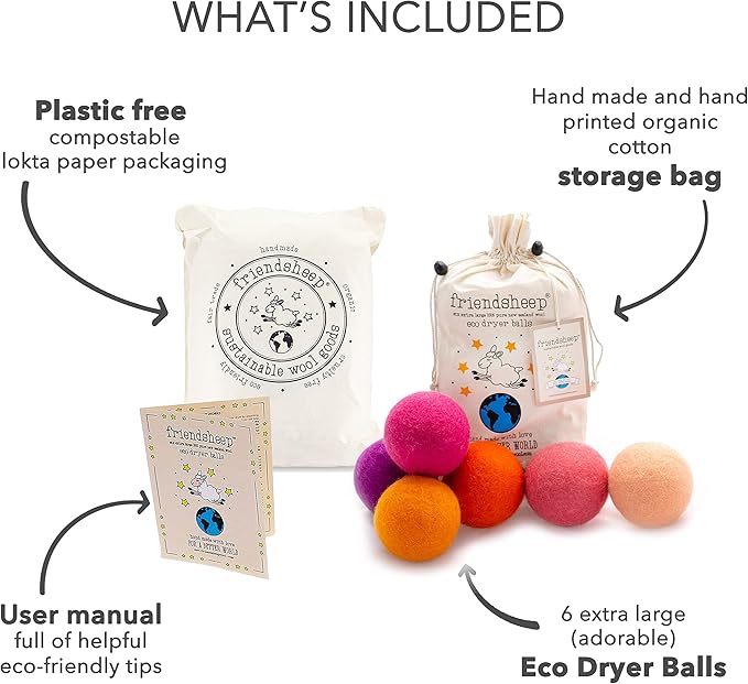 Friendsheep Wool Dryer Balls, Organic Reusable Fabric Softener Alternative for Laundry, Handmade, Fair Trade, Hypoallergenic, Eco-Friendly, Plastic-Free (6 Pack XL - Tropical Sunset)
