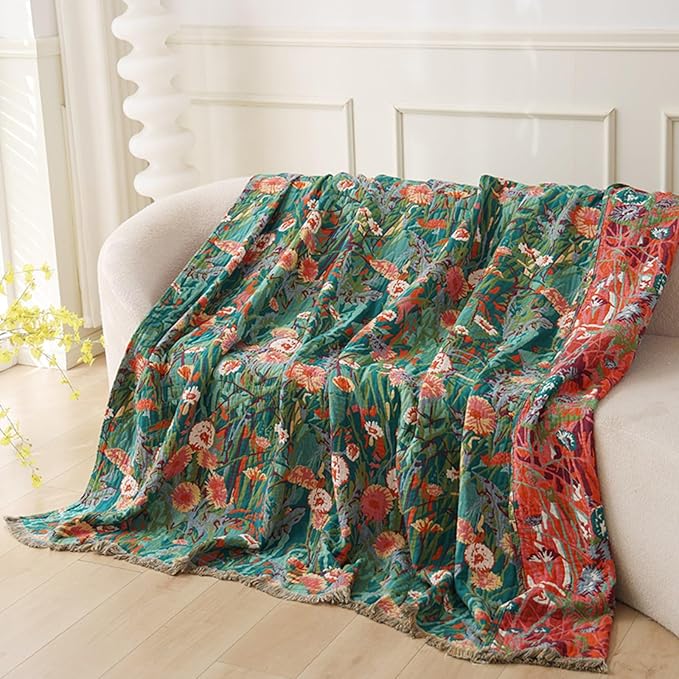 Boho Throw Blanket for Bed 100% Cotton Ultra Soft Rustic Quilt Floral Printed Farmhouse Decor Fall Bed Blankets,90"×98" All Season Rustic Large Throw for Sofa Couch Chair
