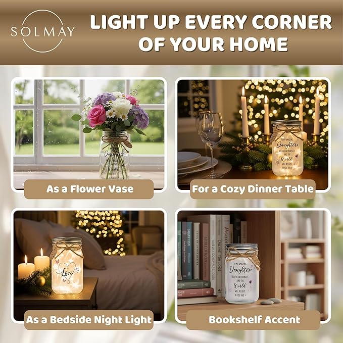 SOLMAY Mason Jar Night Light for Daughter – Sentimental Birthday, Christmas, Graduation & Mother’s Day Gift from Mom or Dad – Inspirational Decorative Jar Lamp with LED Fairy Lights