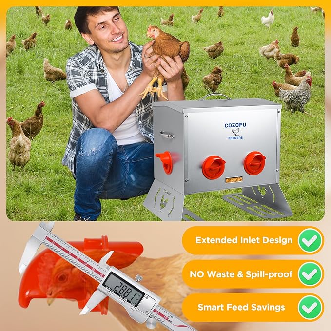 40 Pounds Automatic Chicken Feeder 6 Ports Large Gravity Fed Chicken Feeder with Transparent Window & Handle for Chickens Bantams Pheasants Poultry Coop Weatherproof