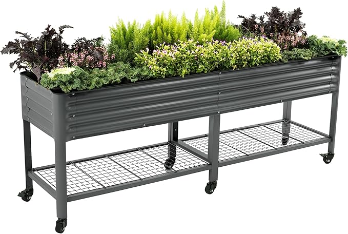 Rolling Elevated Raised Garden Bed-V Series, 2' x 8' Garden Beds with Legs & Storage Rack for Patio & Porch, 1400 Lbs Weight Capacity, Outdoor Planter Box for Vegetables Flower Herbs, Modern Gray
