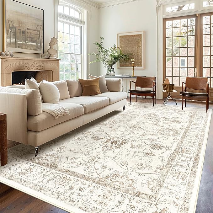 Madane Washable 6x9 Area Rugs for Living Room, Vintage Natural Rug with Non-Slip Backing, Soft Stain Resistant Throw Rugs Thin Carpet for Bedroom Dining Room Farmhouse (6 x 9, Brown/Ivory)