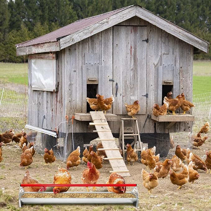 Chicken Feeding Trough 45", Heavy Duty Galvanized Steel Feeder with Drainage Holes & Crossbar, Poultry Feeder Trough for Chicken, Duck, Geese, Turkey, Rabbit and Pigeon