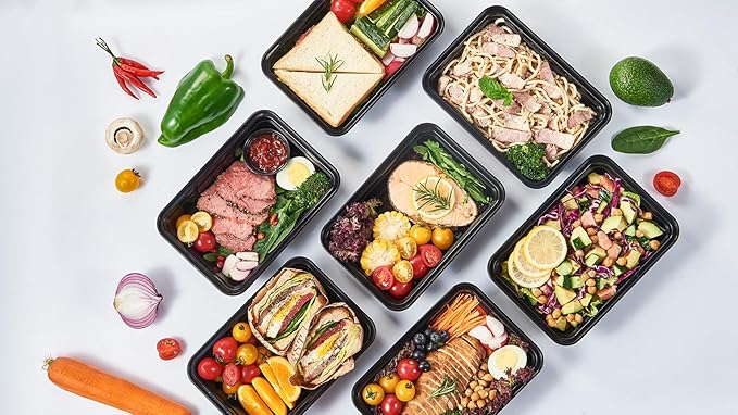 FULING 32 oz 50Pack Plastic Meal Prep Food Storage Containers with Lids Reusable 1 Compartment To Go Lunch Box Black Extra Large &Thick Microwave Freezer Dishwasher Safe BPA Free Stackable