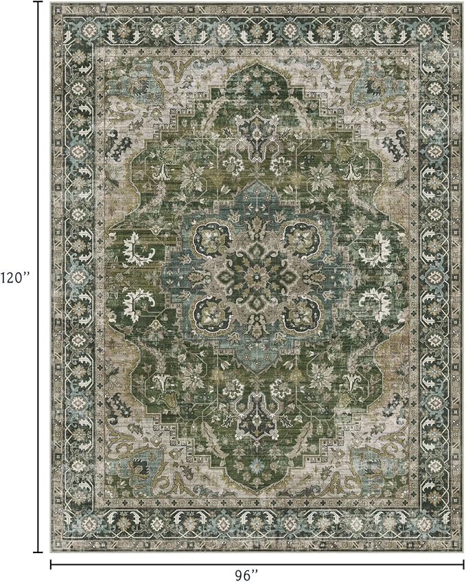 Washable Area Rug 8x10 - Large Moss Green Boho Rugs for Living Room Soft Vintage Bedroom Rug Ultra-Thin Oriental Farmhouse Distressed Carpet Non Slip Rug for Dining Room Guest Room Home Decor