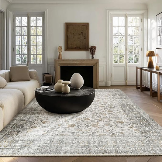 Machine Washable Rugs for Living Room: 5x7 Area Rugs for Bedroom Vintage Stain Resistant Non Slip Low Pile Soft Boho Carpet for Kitchen Dining Room Farmhouse Kids Room Nursery