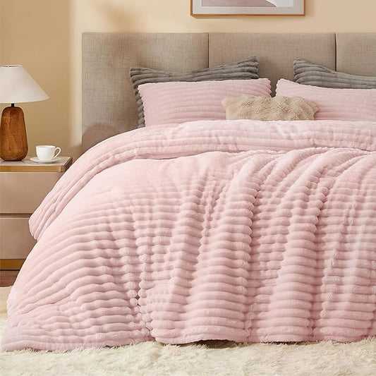 BEDELITE Fleece Full Comforter Set -Super Soft & Warm Fluffy Pink Bedding, Luxury Fuzzy Heavy Bed Set for Winter with 2 Pillow Cases