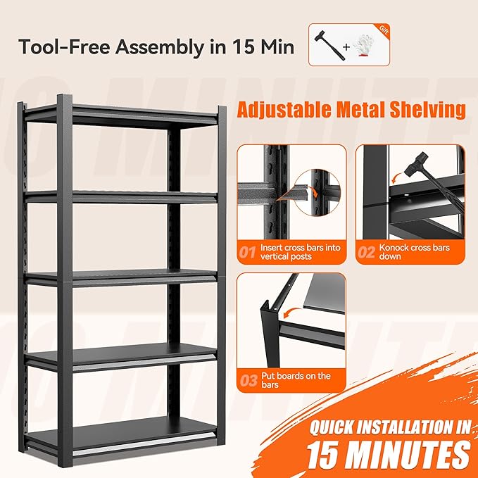 59" W Storage Shelves 2500LBS Garage Shelving Heavy Duty 5 Tier Adjustable Shelving Unit Metal Storage Rack for Basement, Pantry, Kitchen, Warehouse 19.7" D x 59" W x 72" H